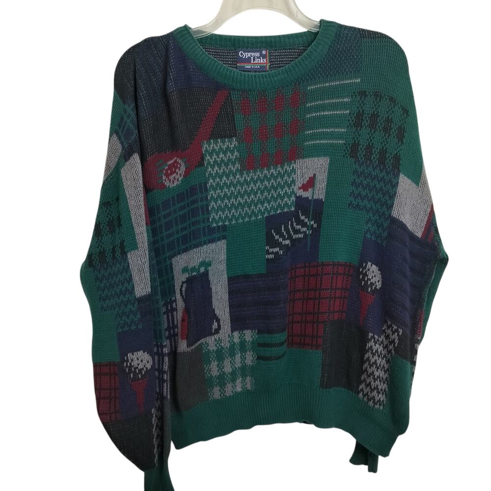 M975) Vintage Cypress Link Multicolor Golf USA Grandpa Knit Pullover Sweater XL